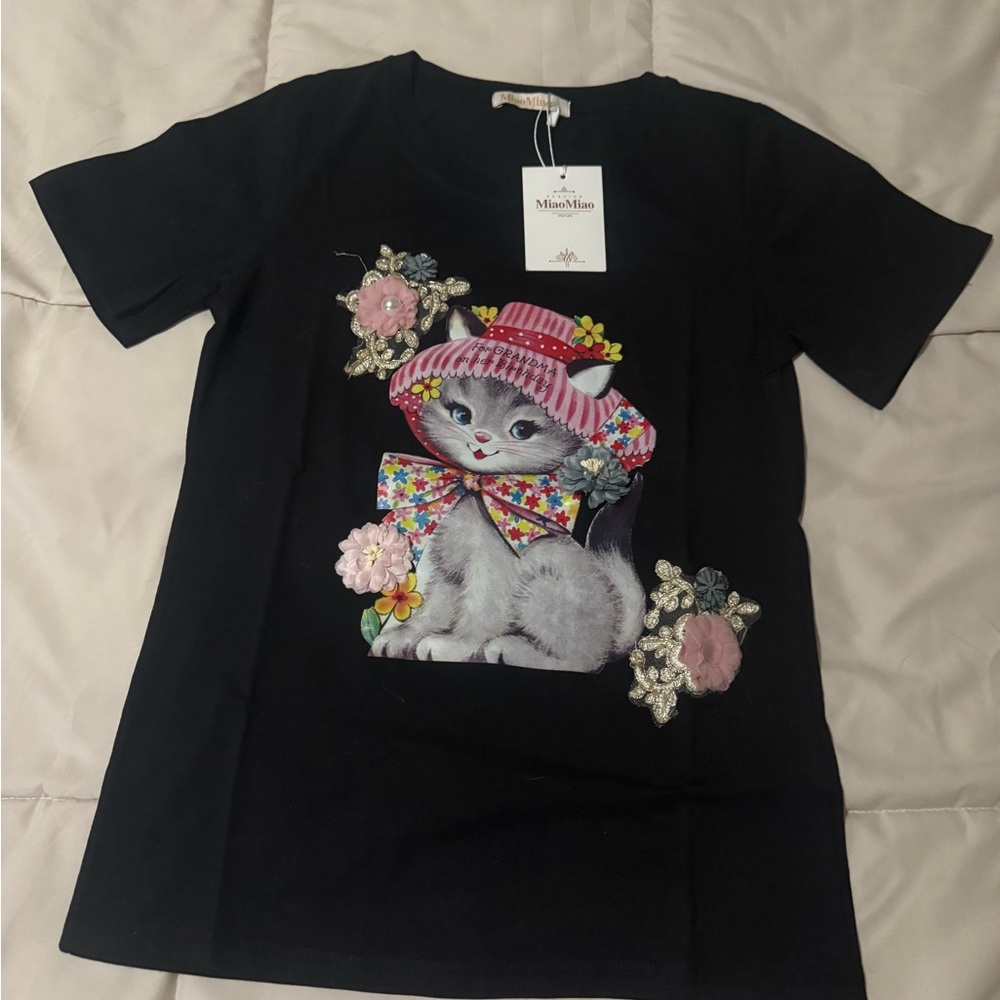 Miaou Black Tee with Cat and Floral Design